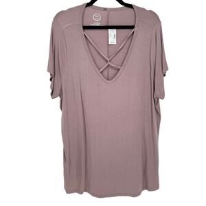 Maurices 24/7 Plus 2X Blush Pink Criss Cross V Neck Short Sleeve Tunic Top
